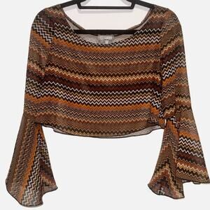 LOVE Retro Crop Top Long Sleeve Geometric Bell Sleeves Sheer Orange Gold Small